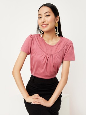 MAX Self Design Women Round Neck Pink T-Shirt