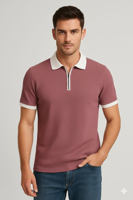 QOWL Printed Men Polo Neck Pink T-Shirt