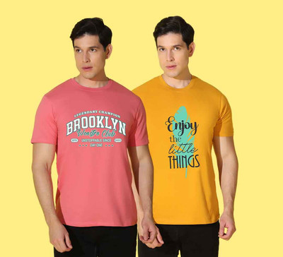 WOOSTRO Typography Men Round Neck Yellow, Pink T-Shirt