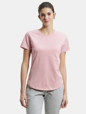 JOCKEY Striped Women Round Neck Pink T-Shirt