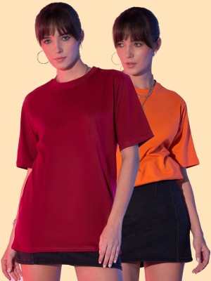 Dimpy Garments Solid Women Round Neck Orange, Maroon T-Shirt