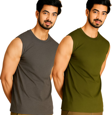 Adorbs Solid Men Round Neck Grey, Dark Green T-Shirt