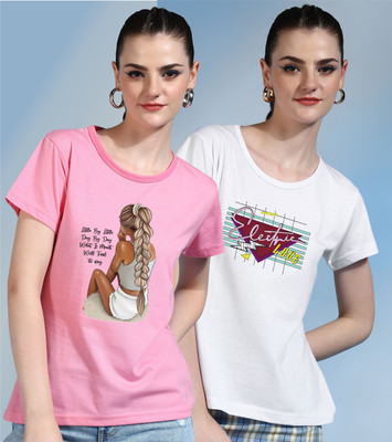 METRONAUT Printed Women Round Neck Pink, White T-Shirt