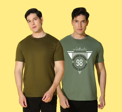 WOOSTRO Printed Men Round Neck Green, Dark Green T-Shirt