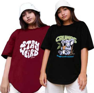 R S Fashion Printed Women Round Neck Maroon, Black T-Shirt