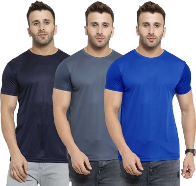 TQH Solid Men Round Neck Dark Blue, Blue, Grey T-Shirt