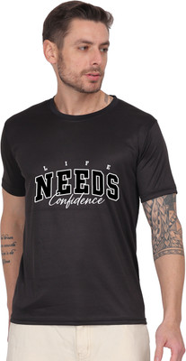 Shiv Junction Typography Men Round Neck Black T-Shirt