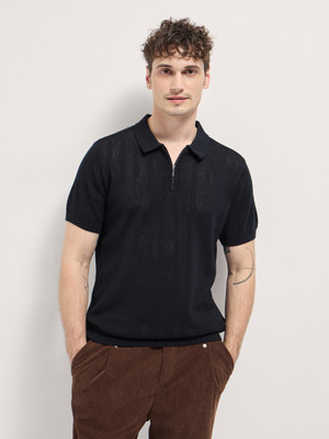 THE BEAR HOUSE Self Design Men Polo Neck Black T-Shirt