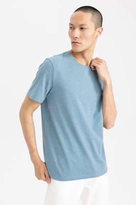 defacto Solid Men Crew Neck Blue T-Shirt