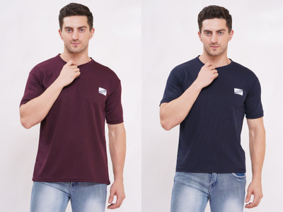 Pavis Striped Men Round Neck Maroon, Navy Blue T-Shirt