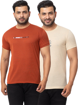 BUFFARO Printed Men Round Neck Brown, Beige T-Shirt