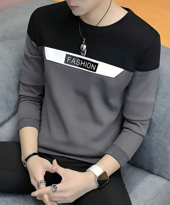 TrendShaper Printed Men Round Neck Grey, Black T-Shirt