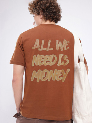 Glitchez Printed Men Round Neck Brown T-Shirt