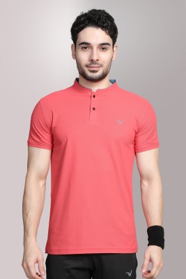 wewok Self Design, Solid, Sporty Men Mandarin Collar Pink, Multicolor T-Shirt