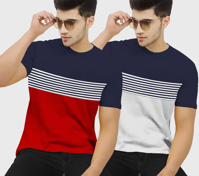 BLIVE Pack Of 2 Men Striped Round Neck Cotton Blend Multicolor T-Shirt For Rs. 289 @ 86 %