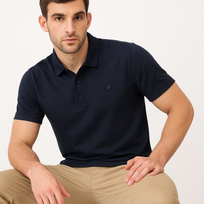 Vinson Solid Men Polo Neck Navy Blue T-Shirt