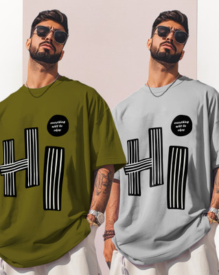 AOOSH Graphic Print Men Round Neck Grey, Green T-Shirt