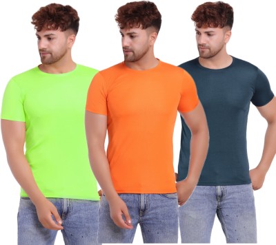 KASPY Solid Men Round Neck Dark Blue, Orange, Light Green T-Shirt