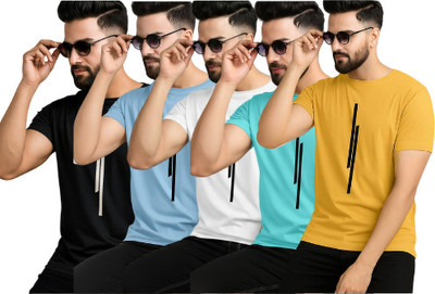 P collection Striped Men Round Neck Black, Light Blue, White, Light Green, Yellow T-Shirt