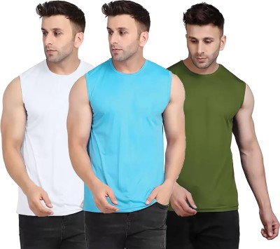 Think Tech Solid Men Round Neck White, Light Blue, Dark Green T-Shirt