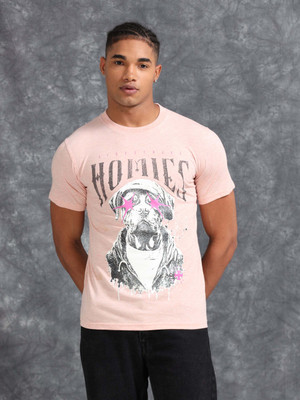 VAN DSL Printed Men Round Neck Pink T-Shirt