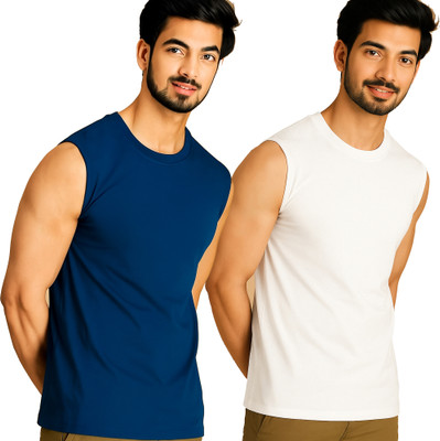 Jangoboy Solid Men Round Neck Dark Blue, White T-Shirt
