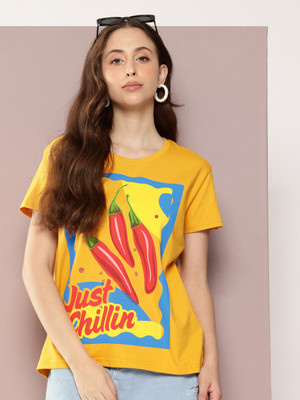 DILLINGER Printed Women Round Neck Yellow T-Shirt