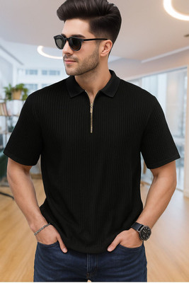 ABHYAMM Self Design Men Zip Neck Black T-Shirt
