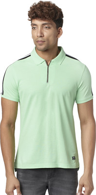 PEOPLE Self Design Men Polo Neck Green T-Shirt