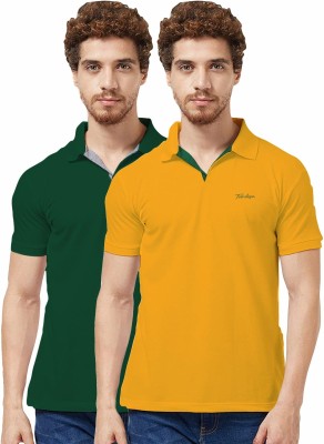 TAB91 Solid Men Mandarin Collar Dark Green, Yellow T-Shirt