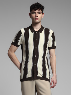 JACK & JONES Striped Men Polo Neck Brown T-Shirt