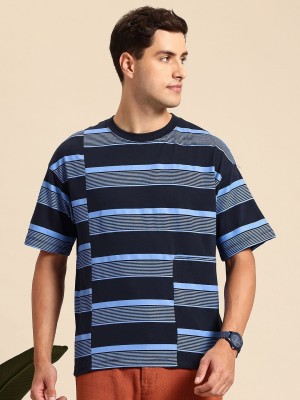 Mast & Harbour Striped Men Round Neck Blue T-Shirt