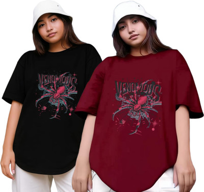 R S Fashion Printed Women Round Neck Black, Maroon T-Shirt