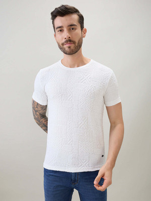 Status Quo Self Design Men Round Neck White T-Shirt