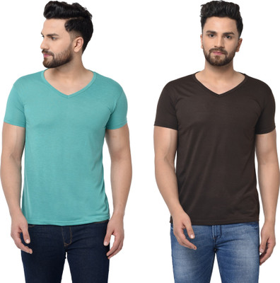 Tresna Trending Solid Men V Neck Brown, Light Green T-Shirt