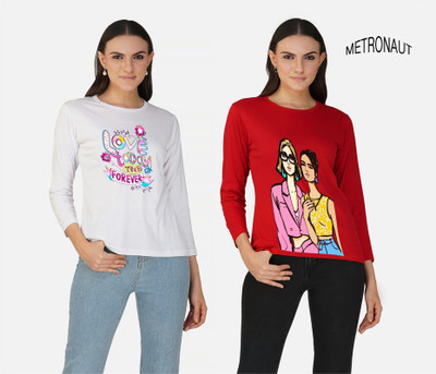 METRONAUT Printed Women Round Neck White, Red T-Shirt