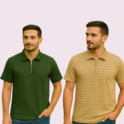 METRONAUT Striped Men Polo Neck Dark Green, Yellow T-Shirt