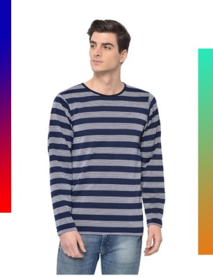 Clasti Striped Men Round Neck Blue T-Shirt