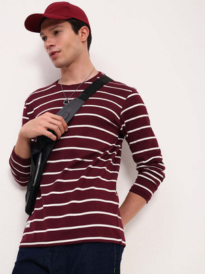 SHOWOFFFF Striped Men Round Neck Maroon T-Shirt
