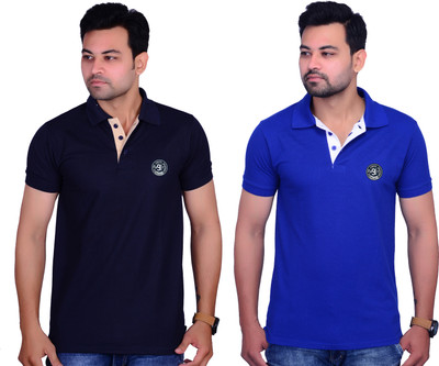 Cousin's Solid Men Polo Neck Blue T-Shirt