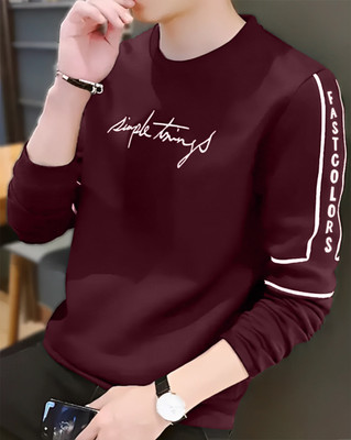 Azy Fabrics Printed Men Round Neck Maroon T-Shirt