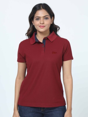 Stellers Solid Women Polo Neck Maroon T-Shirt