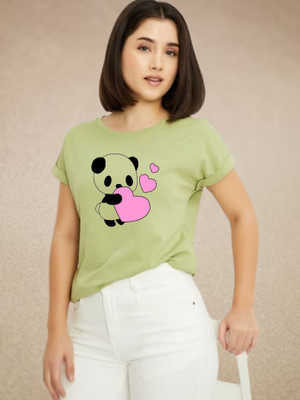 Parona Graphic Print Women Round Neck Green T-Shirt