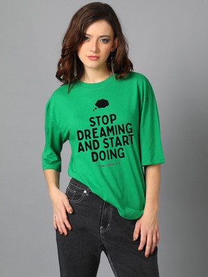 KOTTY Typography Women Round Neck Green T-Shirt