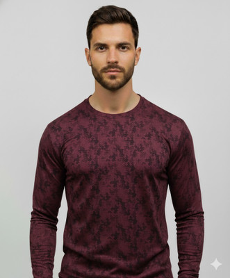Magpy Printed Men Round Neck Maroon, Black T-Shirt