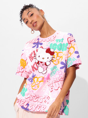 The Souled Store Graphic Print Women Round Neck Pink T-Shirt
