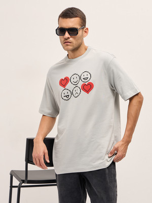 THE BEAR HOUSE Self Design Men Crew Neck Grey T-Shirt