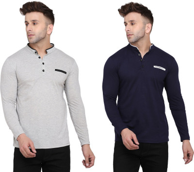 GEUM Solid Men Mandarin Collar Silver, Dark Blue T-Shirt