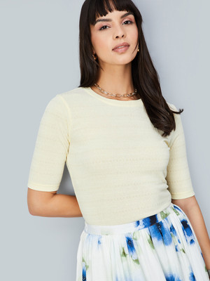 MAX Printed Women Round Neck Yellow T-Shirt