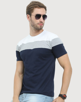 Reya Solid Men Round Neck White, Blue T-Shirt